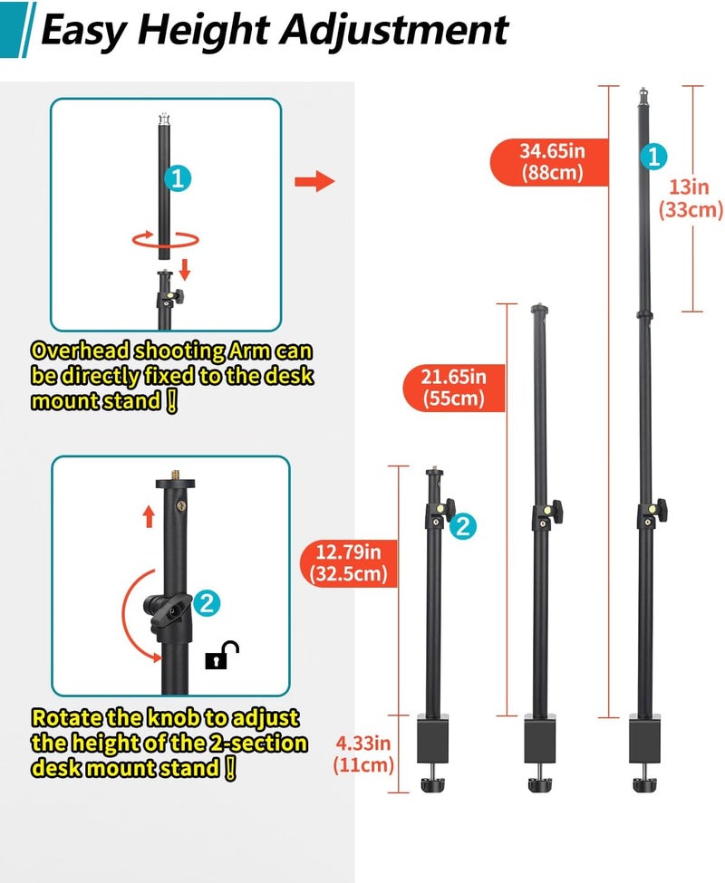 JEBUTU Overhead Camera Mount Desk Stand, Camera Arm Desk Mount Clamp Stand with 360°Adjustable Magic Arm, Webcam Arm Mount Stand w Ballhead Phone Mount for Desk Logitech Microphone Video Light Cell Phone - Image 5